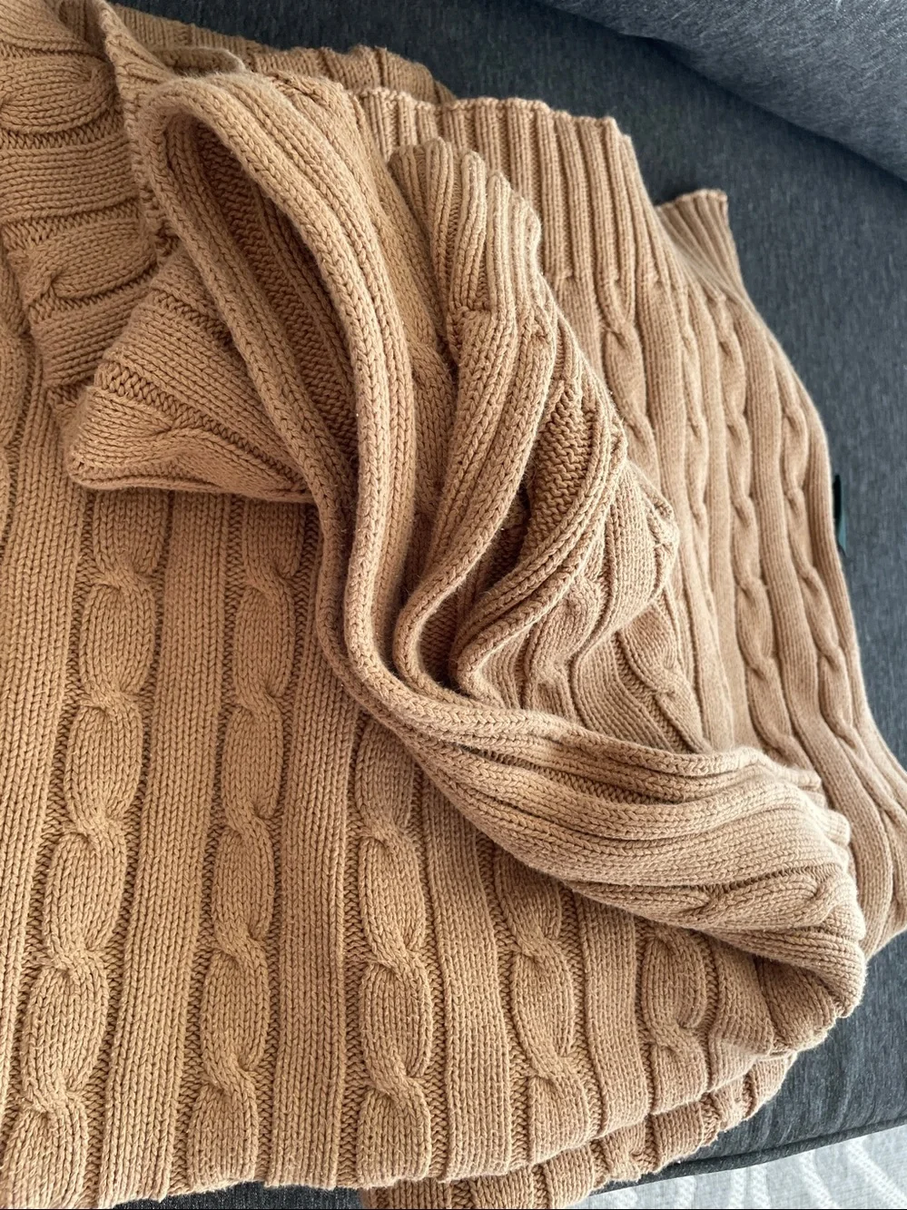 Ralph Lauren cable knit wrap blanket throw cotton camel beige 54 x 72”